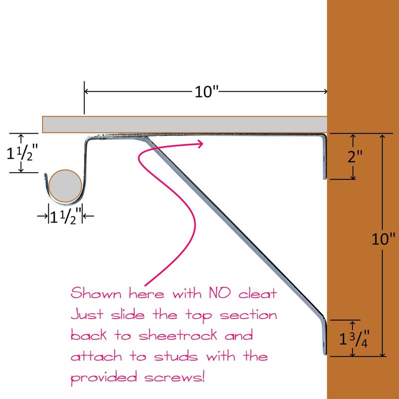 Desunia Closet Rod & Shelf Support Bracket | Compensates for Â¾â€ Shelf Cleat | Fits All Round Wardrobe Poles up to 1 Â½â€ | White | 2 Pack - Image 3